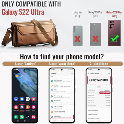 Strapurs Crossbody Wallet Case Compatible with Samsung Galaxy S22 Ultra 5G RFID Blocking 10-Card Holder Soft PU Leather Magnetic Snap Strap Zipper Pocket Phone Case Fit for Galaxy S22 Ultra - Brown