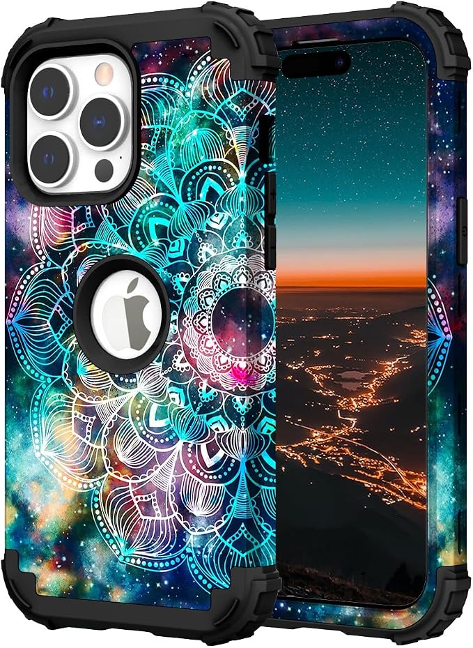 Hocase for iPhone 15 Pro Max Case, Heavy Duty Shockproof Protection Soft Silicone Rubber Bumper+Hard Plastic Hybrid Protective Case for iPhone 15 Pro Max 6.7" 2023 - Mandala in Galaxy