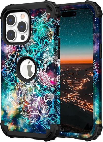 Hocase for iPhone 15 Pro Case, Heavy Duty Shockproof Protection Soft Silicone Rubber Bumper+Hard Plastic Hybrid Protective Case for iPhone 15 Pro 6.1" 2023 - Mandala in Galaxy