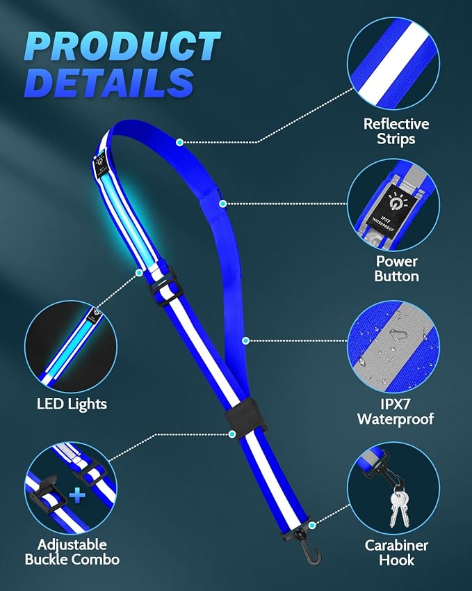 Fitense LED Reflective Belt Sash - 5 Lights Colors & 3 Light Modes High Visibility Night Safety Belt, Rechargeable Light Up Running Gear Adjustable Vest Straps for Runners Walkers Men Women