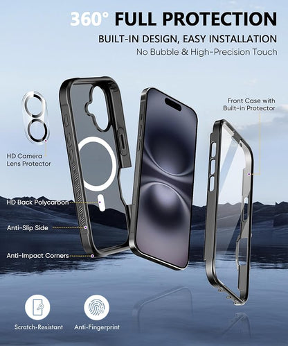 Compatible with iPhone 16 Case, Built-in Screen Protector, with Camera Lens Protector, [Compatible with MagSafe] Matte Back Full Body Phone Case, Magnetic Protective Cover for 16 6.1" (Black)