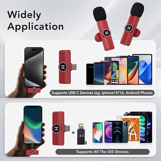 USB C Mini Wireless Lavalier Microphone for iPhone 15 16, iOS and Android Devices - Noise Reduction Lapel Mic for Recording, Clip Omni Lav Mic for Video Recording, Tiktok, YouTube, Vlog (Red)