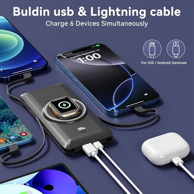 Magnetic 10000mAh Portable Charger for iWatch & iPhone, PD Fast Charging Wireless Power Bank Built-in Cables and Wall Plug, External Travel Battery Pack Compatible with iOS Android Phones