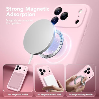 Magnetic for iPhone 17 Pro Max Case, Compatible with MagSafe, [Full Camera Protection][Screen Protector] Silicone Shockproof Protective Phone Case for iPhone 17 Pro Max 6.9", Chalk Pink