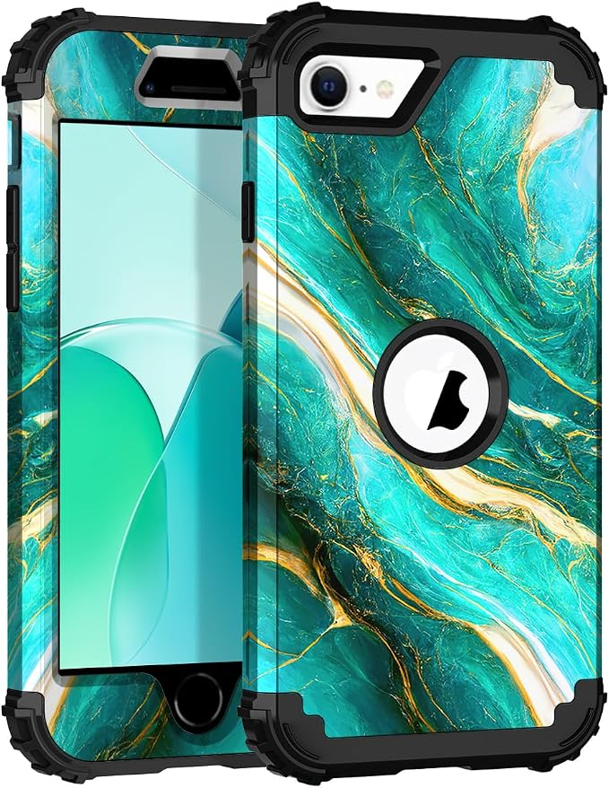 Hocase for iPhone SE 2022/2020 Case, Heavy Duty Shockproof Protection Hard Plastic+Silicone Rubber Hybrid Protective Case for iPhone SE 3rd/2nd Generation (4.7") - Emerald Green