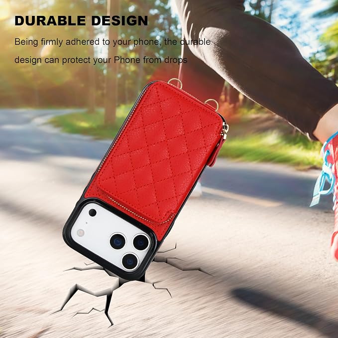 Bocasal Crossbody Wallet Case for iPhone 17 Pro Max, RFID Blocking PU Leather Zipper Handbag Purse Flip Cover, Kickstand Folio Case with Card Slots Holder Wrist Strap Lanyard 5G 6.9 Inch (Red)