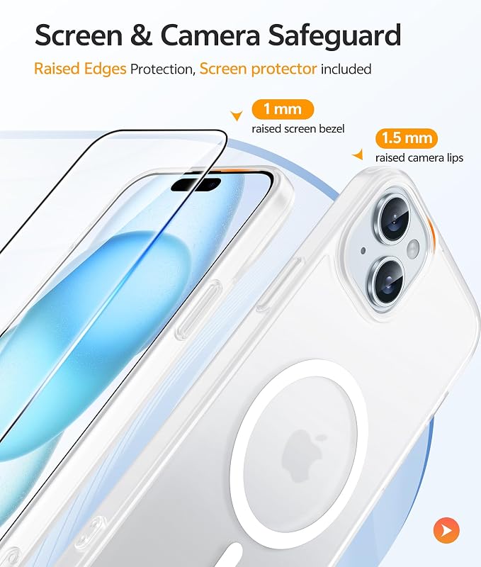FNTCASE for iPhone 15 Case: for iPhone 14 Case & iPhone 13 Case [Compatible with Magsafe] Translucent Matte Cases with [Screen Protector] Military Grade Shockproof Protective Phone Cover - White