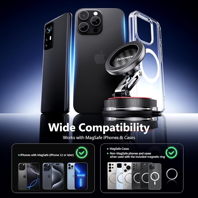SYNCWIRE for MagSafe Car Mount [2-Axis Design] Nano Adhesive Gel + Suction Cup Magnetic Phone Holder for Dashboard & Windshield, 360° Adjustable for iPhone 17 16 15 14 13 12 11, Samsung, Carbon Fiber