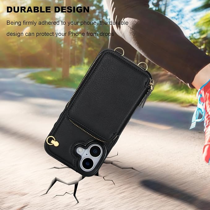 Bocasal Crossbody Wallet Case for iPhone 17, RFID Blocking Leather Purse Case with Card Holder, Protective Handbag Flip Cover with Zipper Wrist Strap Lanyard for Women 5G 6.3 Inch (Black)