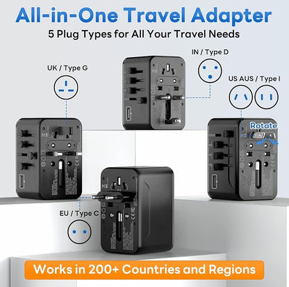 Universal Travel Adapter, 45W International Power Adaptor Type D/G/C/I/A | Fuse Auto-Resetting, GaN Fast Charging, All in One Plug Adapter, Portable Travel Essentials