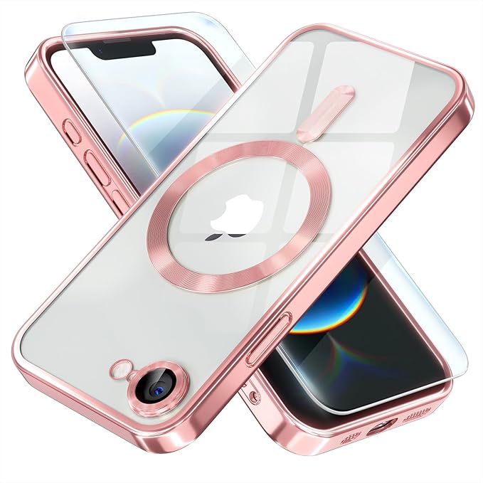 Misea Magnetic for iPhone 17e / 16e Case Compatible with MagSafe [Never Yellowing] [Military Grade Drop Protection] Full Camera Lens Protector Plating Soft Clear Phone Case for Women 6.1 inch, Pink