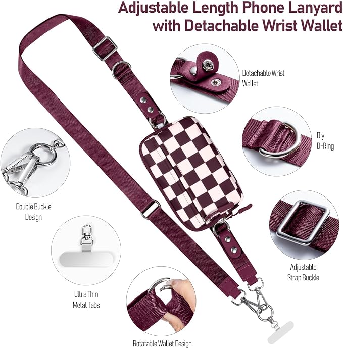 Clip and Go Strap for Phone with Wallet Crossbody Phone Lanyard and Detachable Checkered Bag with ID Window and RFID Pouch for Daily Travel.