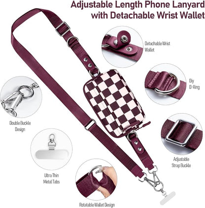 Clip and Go Strap for Phone with Wallet Crossbody Phone Lanyard and Detachable Checkered Bag with ID Window and RFID Pouch for Daily Travel.