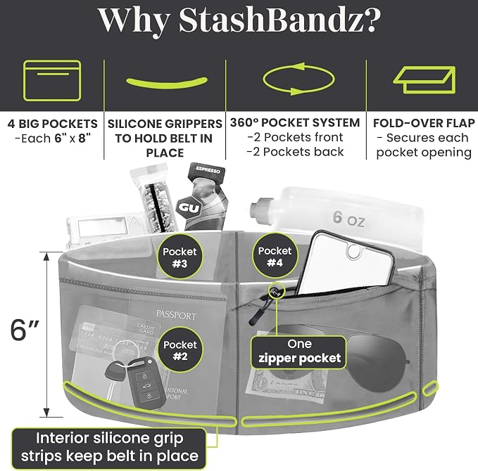 StashBandz Running Belt for Women & Men – No-Bounce Fanny Pack with 4 Secure Pockets & Zipper for Phone, Money & Essentials – Flip Belt Style Design for Running, Travel & Everyday Use