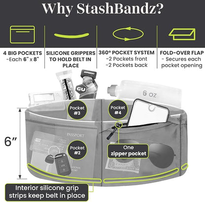 StashBandz Running Belt for Women & Men – No-Bounce Fanny Pack with 4 Secure Pockets & Zipper for Phone, Money & Essentials – Flip Belt Style Design for Running, Travel & Everyday Use