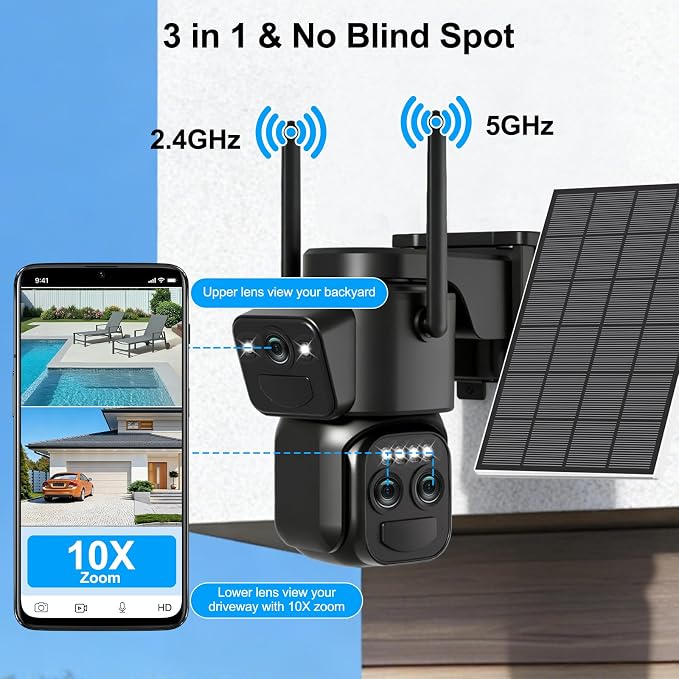 Triple-Lens Solar Security Cameras Wireless Outdoor, 2.4G/5G WiFi Cameras for Home Security with 10X Zoom, Full Color Night Vision, PlR Human Detection, Auto Tracking, Spotlight Siren, Alexa, IP66