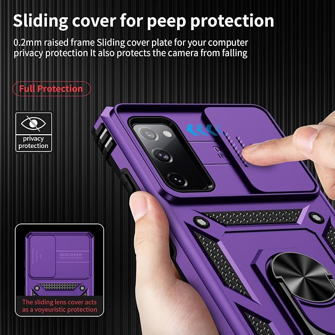 Weycolor for Samsung Galaxy S20 FE 5G Case with Camera Lens Cover, HD Screen Protector, 10 FT Military Grade Drop Protection, Magnetic Ring Holder Kickstand Protective Phone Case, Deep Purple