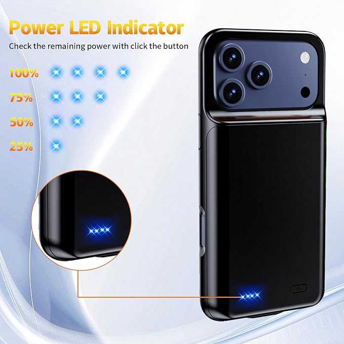 2026 Ultra-Slim Battery Case for iPhone 17 Pro (6.3 inch), Charging Case 7000mAh Rechargeable Portable Extended Charger Case Cover w/Tempered-Glass Protector - Black