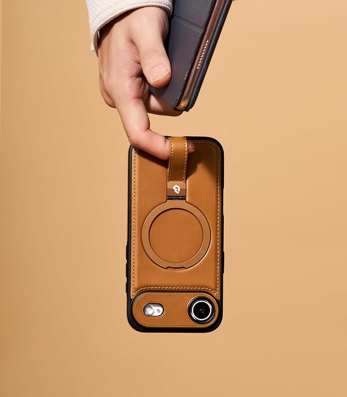 for iPhone Air Leather Case with Stand, Anti-Slip Grip Ring, Fits for MagSafe (Brown, iPhone Air)