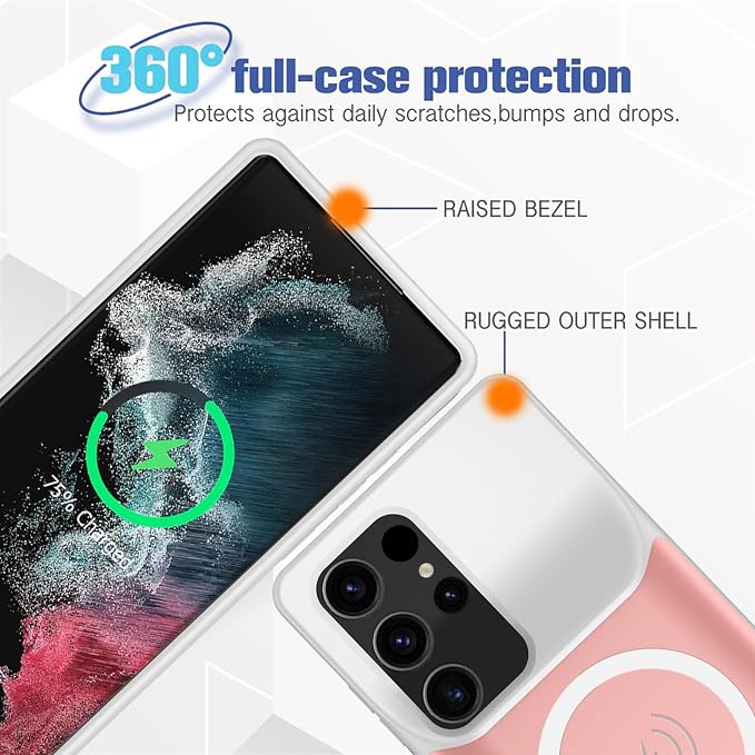 Battery Case for Galaxy S22 Ultra/S23 Ultra, [12000mAh] Slim Portable Protective Fast Charging Case Backup Power Bank Battery Case Compatible with Galaxy S22 Ultra/S23 Ultra-6.8 inch-Pink