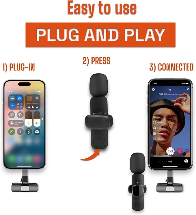JLB American-Based Wireless Lavalier Microphone 2-Pack for iPhone, iPad, USB-C Devices, Plug & Play, Noise Canceling, 360° Sound Pickup, Reverb Mode, 65ft Range - Trusted by Creators Worldwide