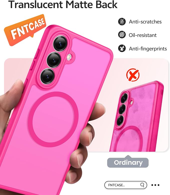 FNTCASE for Samsung Galaxy S26 Case, Fit for Magsafe, with Screen Protector | Full Camera Protection, Translucent Matte, 14FT Military Grade Drop Proof, Shockproof Protective Phone Cover, Hot Pink