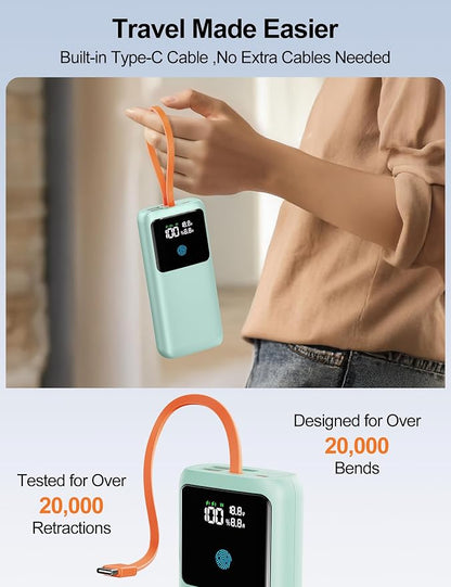 Laptop Power Bank, 24000mAh 65W Fast Charging Portable Charger with Built-in Cable, USB C Battery Pack with LED Display, Travel Essential External Battery Bank for Macbook/Notebook/Tablet/Phone Green