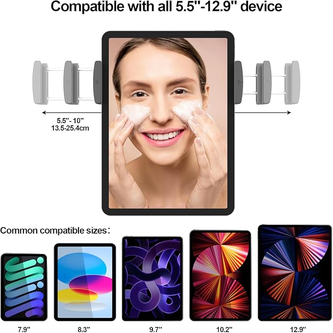 Powerful Suction Cup iPad & Tablet Wall Mount for Mirror, Glossy Tiles & Glass, Pad Holder for Bathroom, Kitchen, Gym, Yoga, Makeup, Supports extra 3 pads for 24H, Fits devices from 5.5"-12.9" (Black)