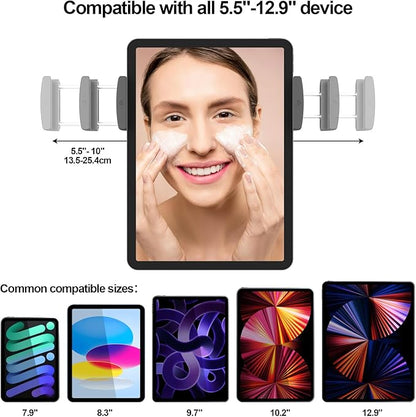 Powerful Suction Cup iPad & Tablet Wall Mount for Mirror, Glossy Tiles & Glass, Pad Holder for Bathroom, Kitchen, Gym, Yoga, Makeup, Supports extra 3 pads for 24H, Fits devices from 5.5"-12.9" (Black)