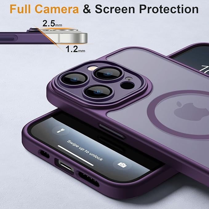ROYBENS for iPhone 12 Pro-Max Matte Clear Case Compatible with Magsafe, Full Camera Lens Protection, Screen Protector, Wrist Strap, Translucent Magnetic Slim Hard Protective Phone Cover, Purple