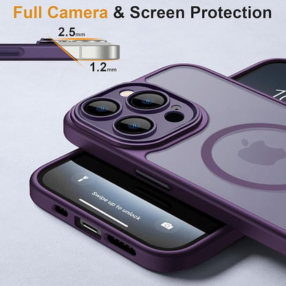 ROYBENS for iPhone 15 Matte Clear Case Compatible with Magsafe, Full Camera Lens Protection, Screen Protector, Wrist Strap, Translucent Magnetic Slim Hard Protective Phone Cover,6.1-Inch, Purple