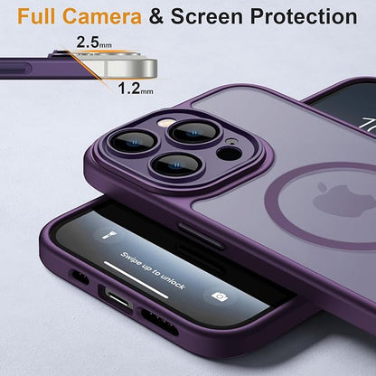 ROYBENS for iPhone 14 Pro Matte Clear Case Compatible with Magsafe, Full Camera Lens Protection, Screen Protector, Wrist Strap, Translucent Magnetic Slim Hard Protective Phone Cover, Purple