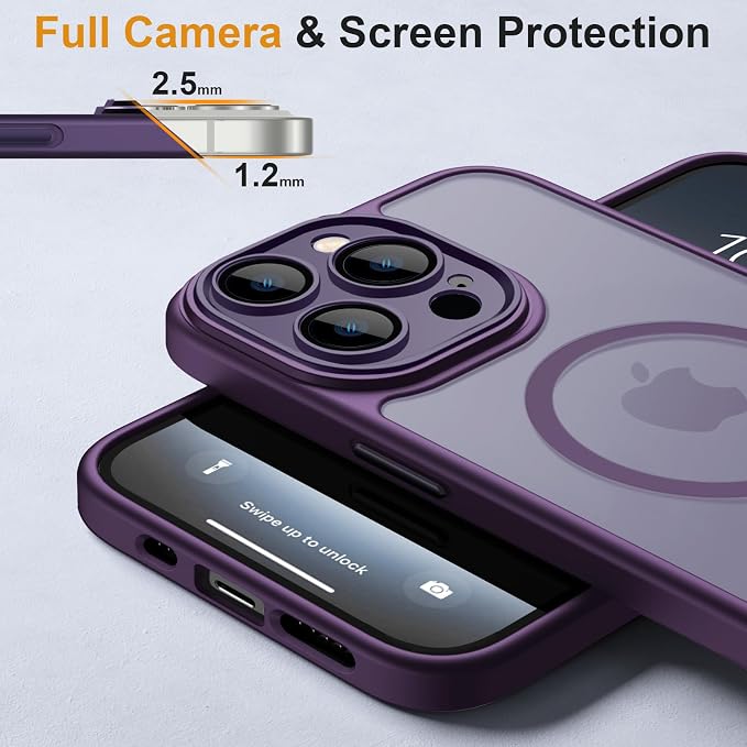 ROYBENS for iPhone 15 Pro-Max Matte Clear Case Compatible with Magsafe, Full Camera Lens Protection, Screen Protector, Wrist Strap, Translucent Magnetic Slim Hard Protective Phone Cover, Purple