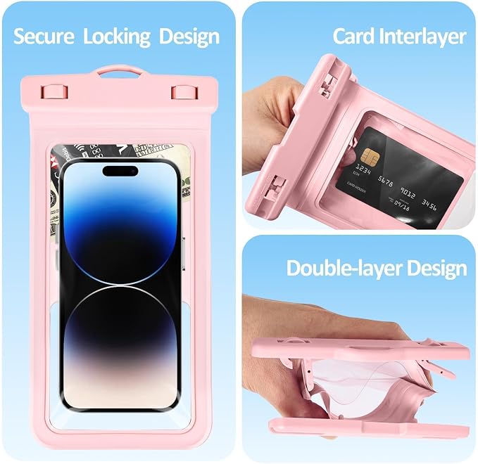 MOLOPPO Waterproof Phone Pouch, with Interior Card Holder, Large Dry Phone Case for iPhone 17 16 15 14 13 Pro Max, Beach Vacation Essentials,1 Pack, Pink