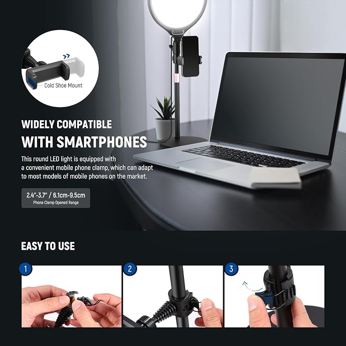 NEEWER Basics 10.5" Desk Ring Light with Stand/Phone Holder/Timer, 3000-6500K Full Screen 15W LED Selfie Panel Lighting for iPhone Recording Streaming Makeup Laptop Webcam Video Conference Zoom, R10