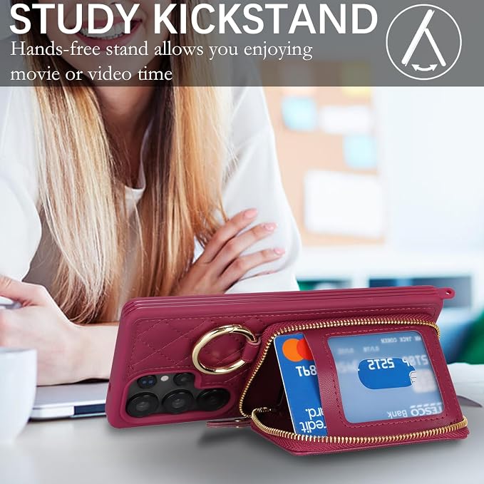 Crossbody Wallet Case for Galaxy S25 Ultra, PU Leather Zipper Handbag Purse Flip Cover, Kickstand Folio Case with Card Slots Holder Wrist Strap Lanyard -Dark red