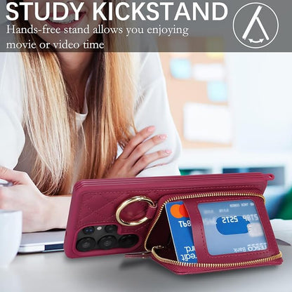 Crossbody Wallet Case for Galaxy S25 Ultra, PU Leather Zipper Handbag Purse Flip Cover, Kickstand Folio Case with Card Slots Holder Wrist Strap Lanyard -Dark red