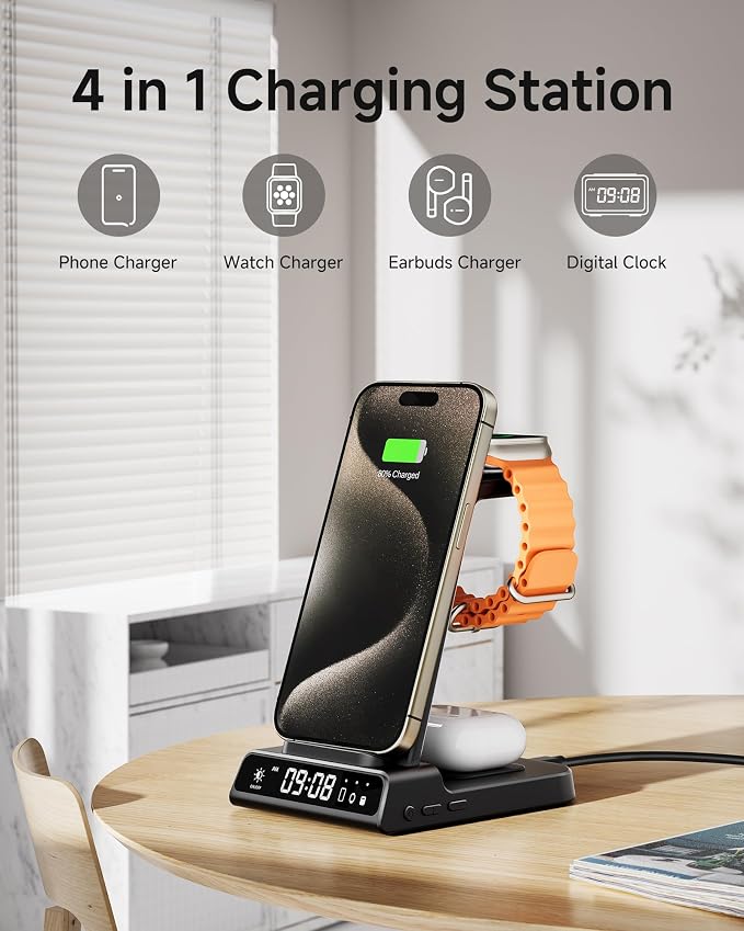 Wireless Charger for iPhone 17, 3 in 1 Charging Station for Apple Watch Watch 11/10/9/8/7/6/5, Ultra 3/SE 3, for iPhone 17/16/15/14/13/12/11/X Series, for Air Pods Pro 3/4/Pro 2 (No Adapter)