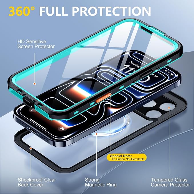 Red2Fire for iPhone 17 Pro Case Waterproof, [Built-in Screen Protector & Camera Protector][Compatible with MagSafe][Full Body Shockproof][IP68 Waterproof][Dustproof] Phone Case 6.3" Blue/Clear