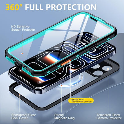 Red2Fire for iPhone 17 Pro Case Waterproof, [Built-in Screen Protector & Camera Protector][Compatible with MagSafe][Full Body Shockproof][IP68 Waterproof][Dustproof] Phone Case 6.3" Blue/Clear