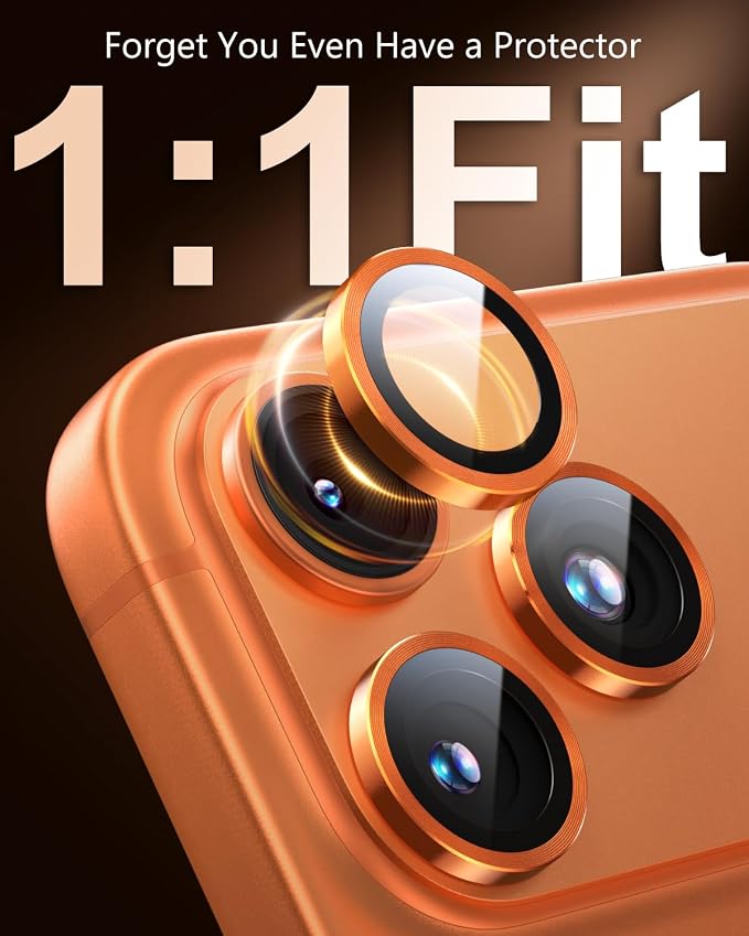 EZ-GLAZ-Camera Lens Protector for iPhone 17/16/15/14 Pro & Pro Max Series, with Aerospace-Grade Aluminum Alloy Ring, 1:1 Invisible Fit & Ultra-Clear, Military-Grade 9H+ Glass, Cosmic Orange