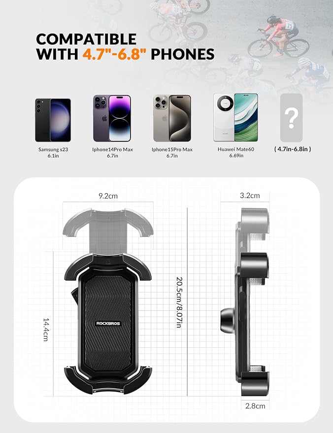 ROCKBROS Bike Phone Holder - Motorcycle Phone Mount with Security Lock, Shockproof Bicycle Phone Mount, Adjustable for 4.7'-6.8' Phones