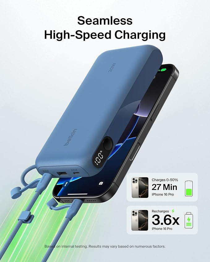 Belkin Portable Charger, USB-C Power Bank 20,000mAh w/ 2X USB-C Ports & 1x A Port, Digital Battery Display, 20W Charging - iPhone 17, Air, Pro, Samsung Galaxy S25, Pixel 10, iPad, & More - Blue