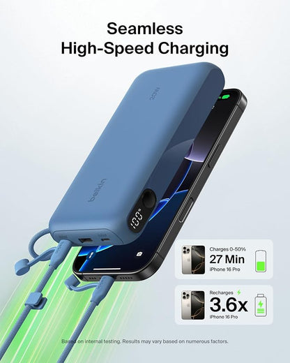 Belkin Portable Charger, USB-C Power Bank 20,000mAh w/ 2X USB-C Ports & 1x A Port, Digital Battery Display, 20W Charging - iPhone 17, Air, Pro, Samsung Galaxy S25, Pixel 10, iPad, & More - Blue