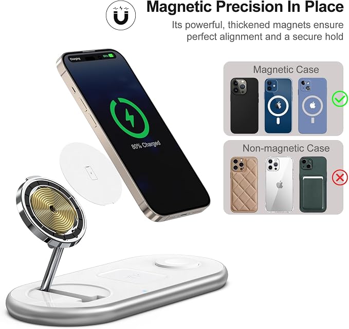 3 in 1 Charging Station for Apple - Faster Mag-Safe Charger Stand for iPhone - Magnetic Wireless Charger Station for iPhone 17/16/15/14/13/12 Series, Apple Watch Series, AirPods Pro (White)