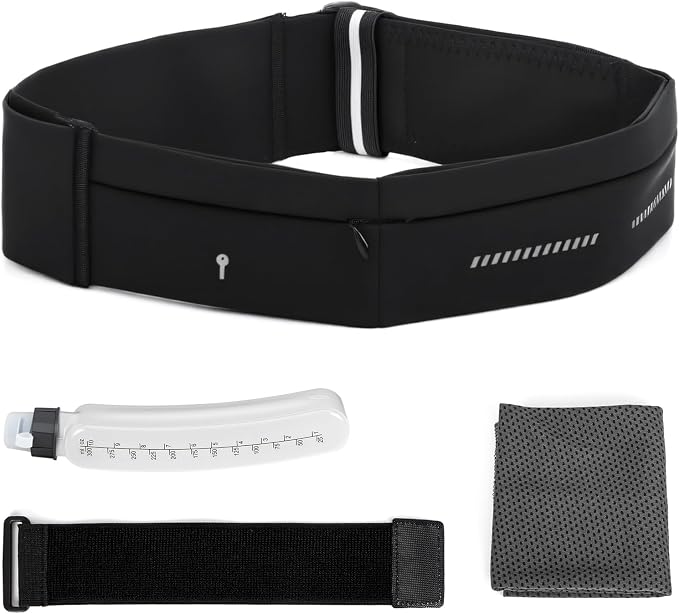 Lsnisni Slim Running Belt for Men and Women, Running Waist Pack with Water Bottle & Towel, Multi Pocket Fanny Pack - Phone Holder, Adjustable for Running, Climbing - Medium