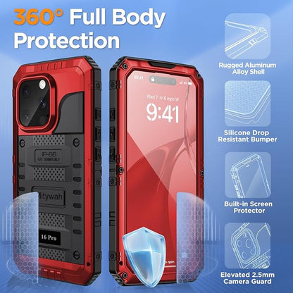 Mitywah Waterproof Case for iPhone 16 Pro, Shockproof Heavy Duty Case with Built-in Screen Protector, Underwater Full Body Protective Metal Case 6.3 inch, Red