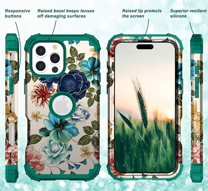 Hocase for iPhone 16 Pro Max Case, Heavy Duty Shockproof Protection Soft Silicone Rubber+Hard Plastic Bumpers Hybrid Protective Case for iPhone 16 Pro Max 2024 - Teal Flowers