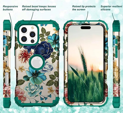 Hocase for iPhone 16 Pro Max Case, Heavy Duty Shockproof Protection Soft Silicone Rubber+Hard Plastic Bumpers Hybrid Protective Case for iPhone 16 Pro Max 2024 - Teal Flowers