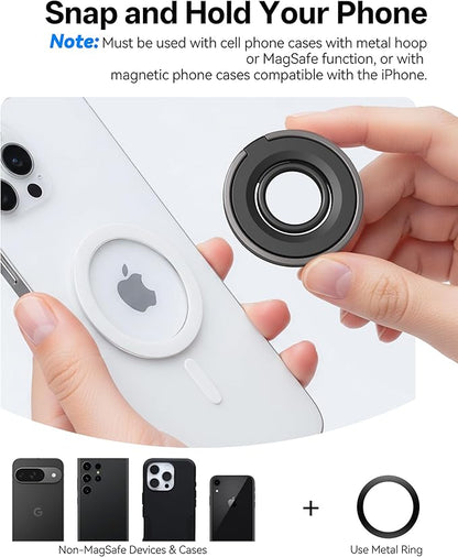Magnetic Phone Grip for MagSafe Ring Holder, 360° Rotation Magnetic Phone Ring Grip Stand Finger Kickstand, Compatible with MagSafe Accessories for iPhone 17 Pro/Max 16/15 Air